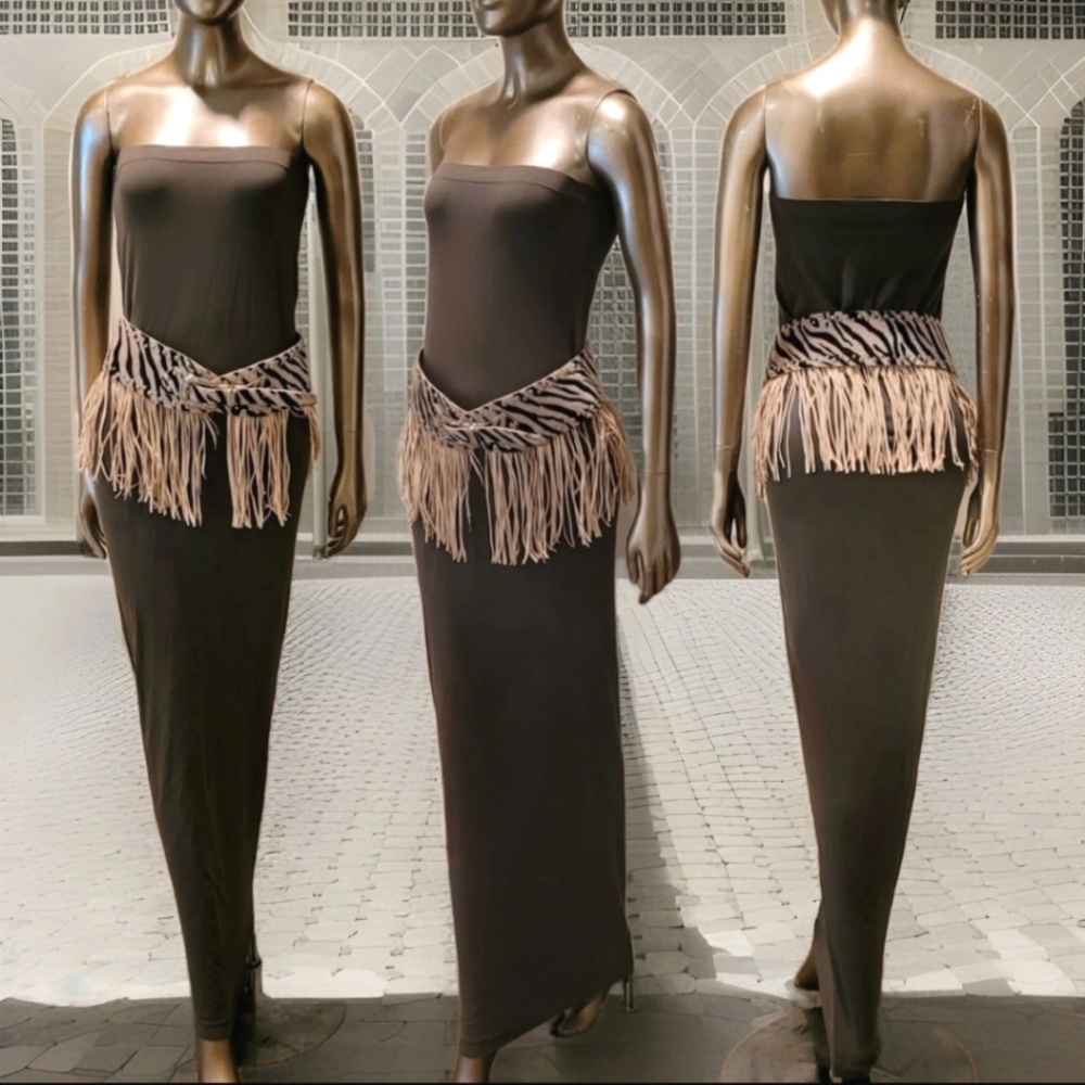 VENUS Strapless Microfiber Stretch Olive Green Tube Bodycon Maxi Dress Sz M
